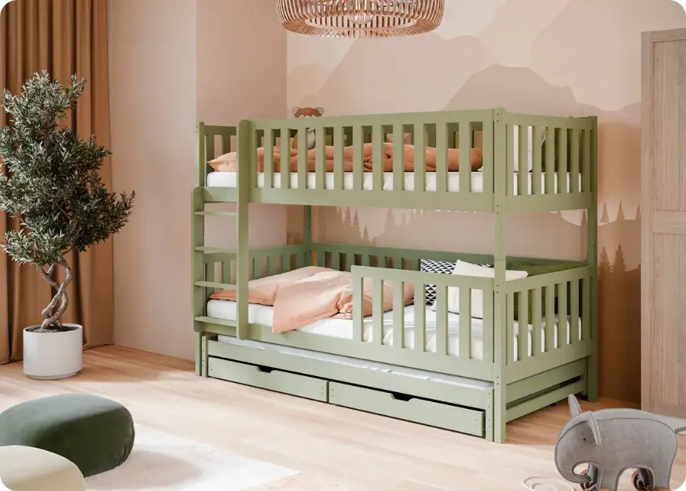 Lit superposé couleur olive dans une chambre d’enfant